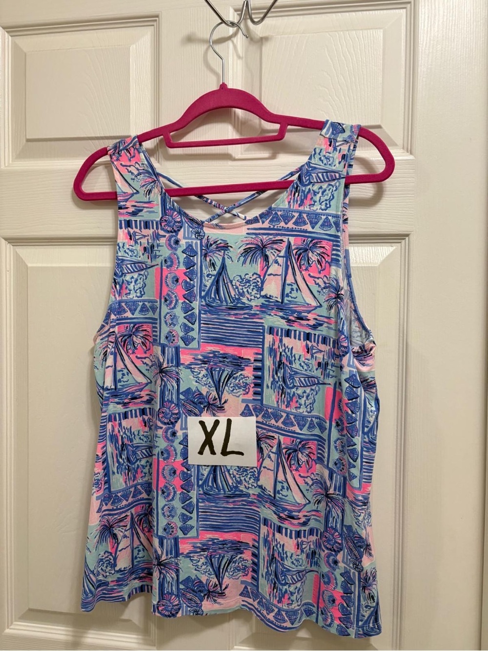 Lilly Pulitzer Dania Tank XL In the Bight Pink Blue Coastal Sailboat Print